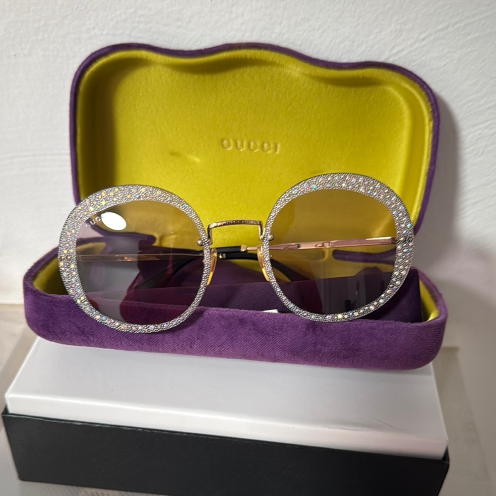 Gucci Gold and Purple Glasses with Crystal Embellishments